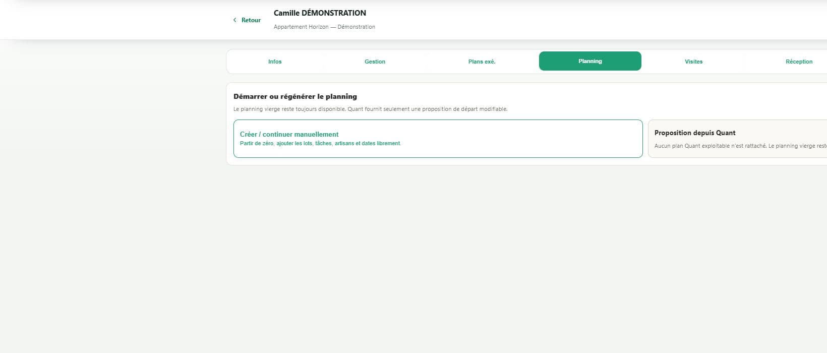 Écran réel de création du planning dans Ava BTP CRM