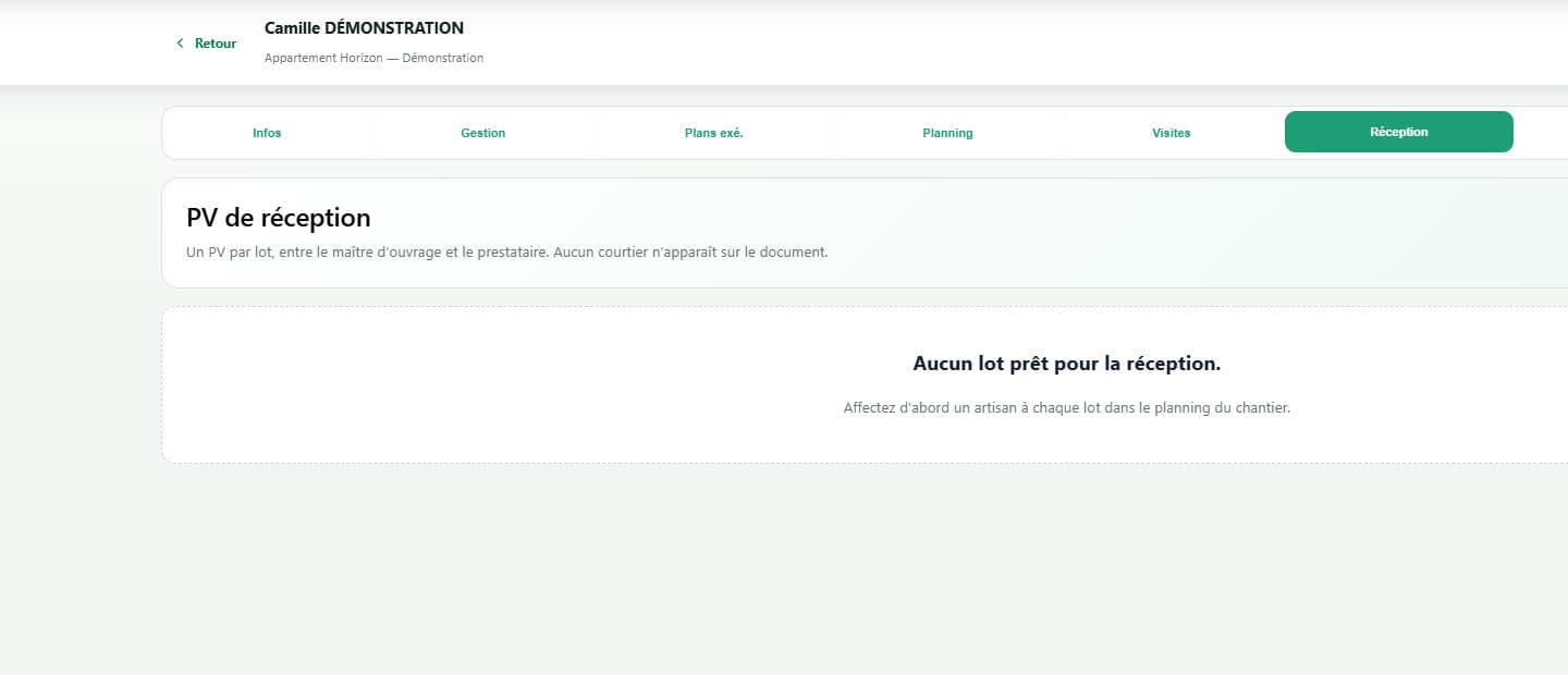 Écran réel du module PV de réception d’Ava BTP CRM