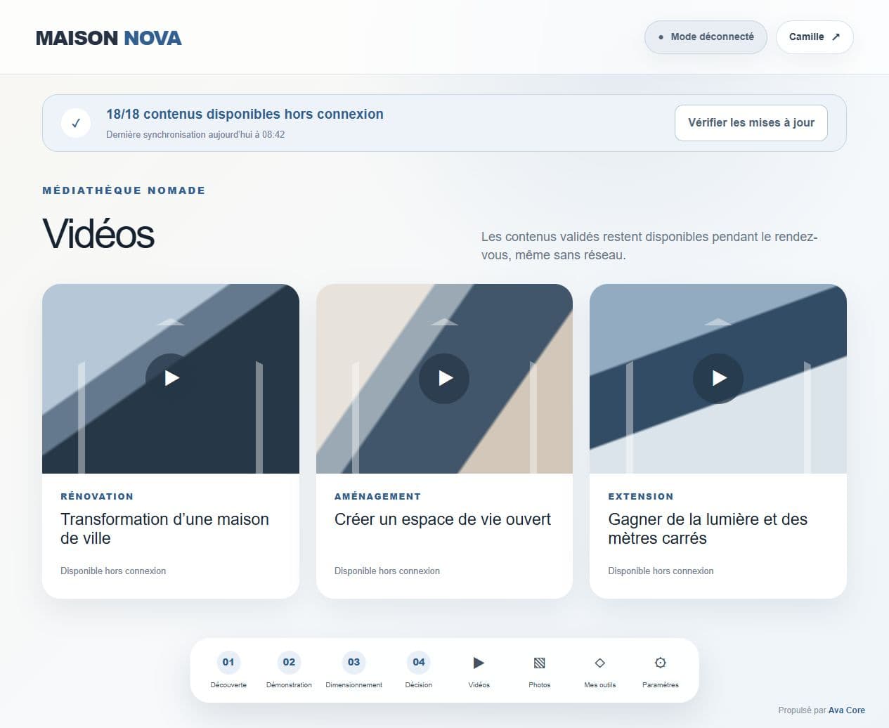 Reconstitution fidèle de la médiathèque Ava Parcours indiquant dix-huit contenus disponibles hors connexion