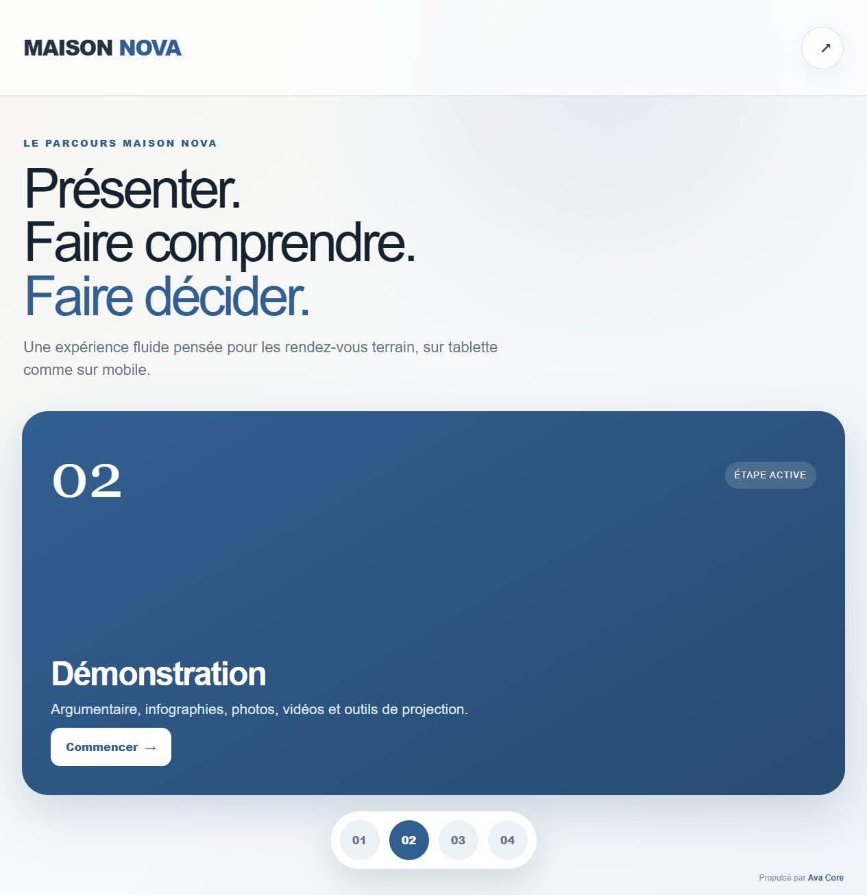 Reconstitution fidèle de la vue mobile Ava Parcours avec une étape de démonstration fictive