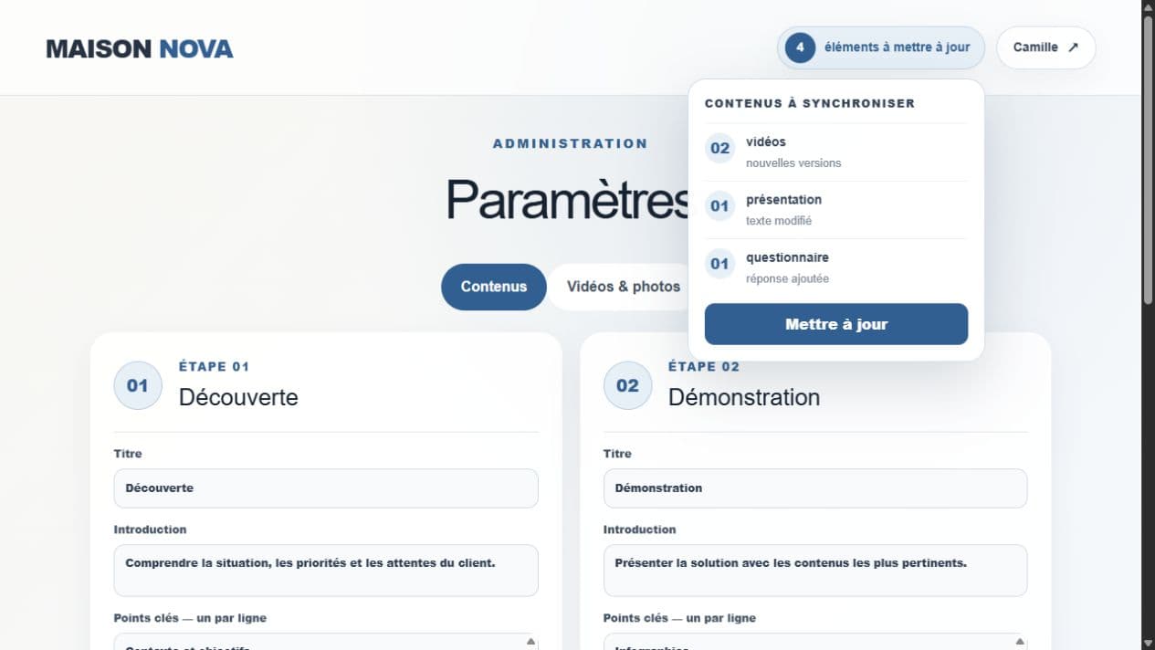 Reconstitution fidèle de l’administration Ava Parcours avec quatre contenus fictifs à mettre à jour
